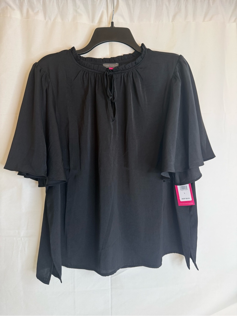 Vince Camuto Black Solid Ruffle Tie-Neck Keyhole Chiffon Blouse Women's L